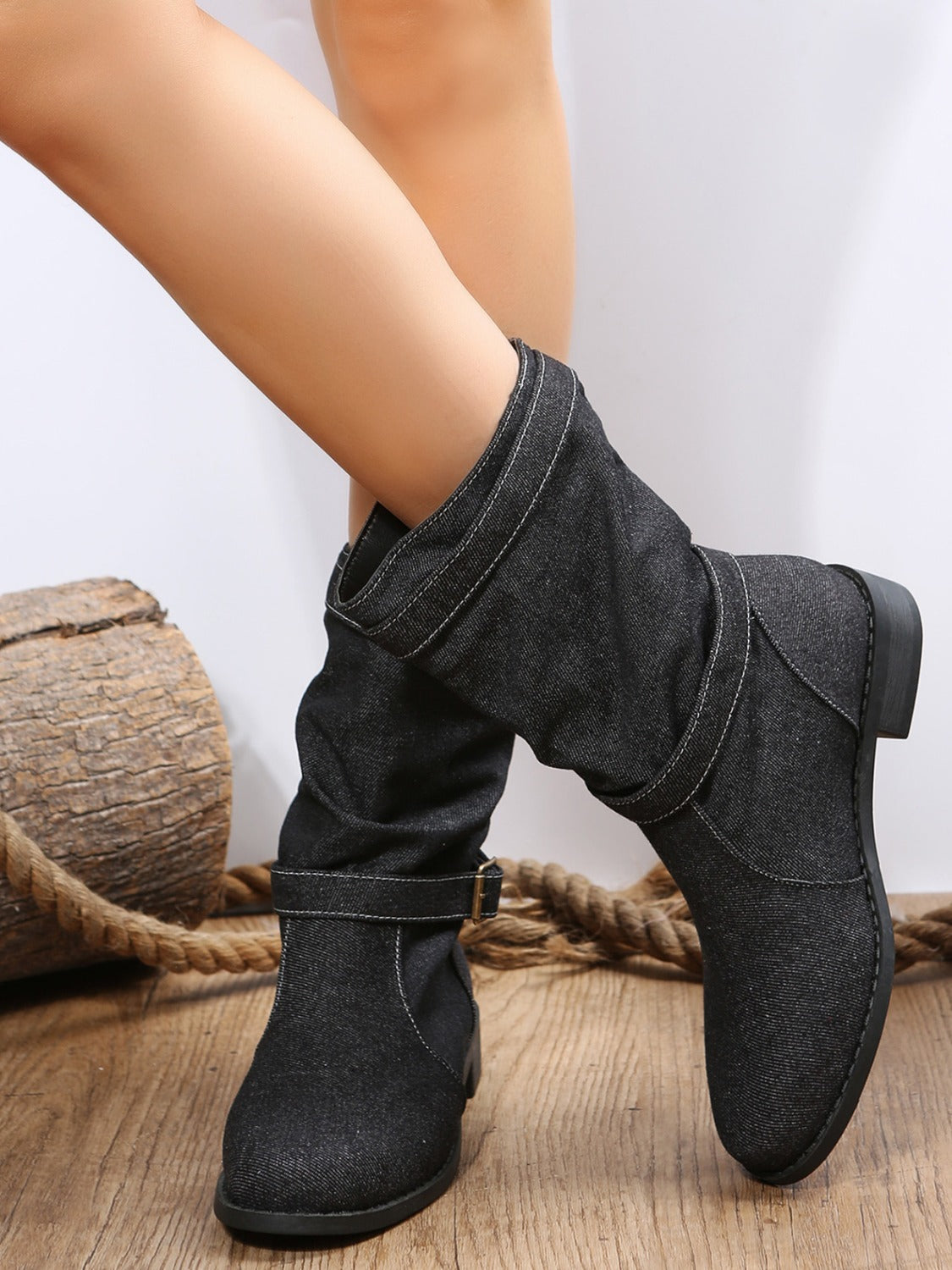 Double Buckle Block Heel Boots - T - 2 COLORS -