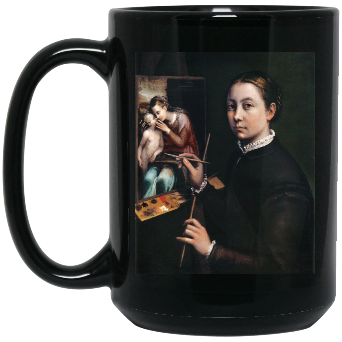 SOFONISBA ANGUISSOLA - SELF PORTRAIT AT THE EASEL - ca.1556 -1565 / LANCUT CASTLE / POLAND - BM15OZ 15 oz. Black Mug - 1 COLOR -