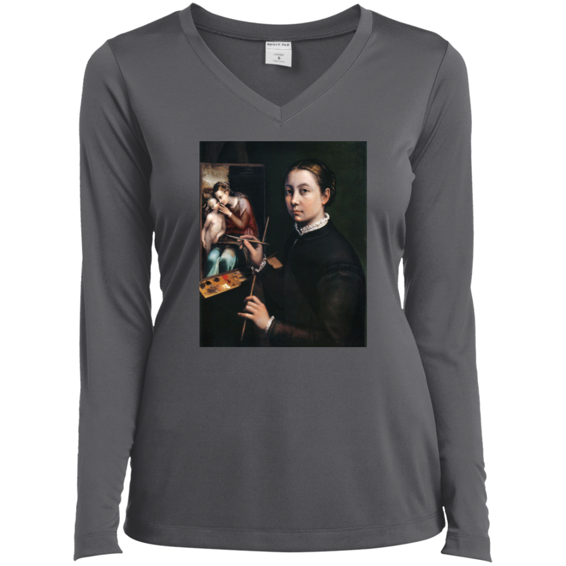 SOFONISBA ANGUISSOLA - SELF PORTRAIT AT THE EASEL - ca.1556-1565 - LANCUT CASTLE / POLAND - LST353 - LS Ladies’ Long Sleeve Performance V-Neck Tee - 6 COLORS -