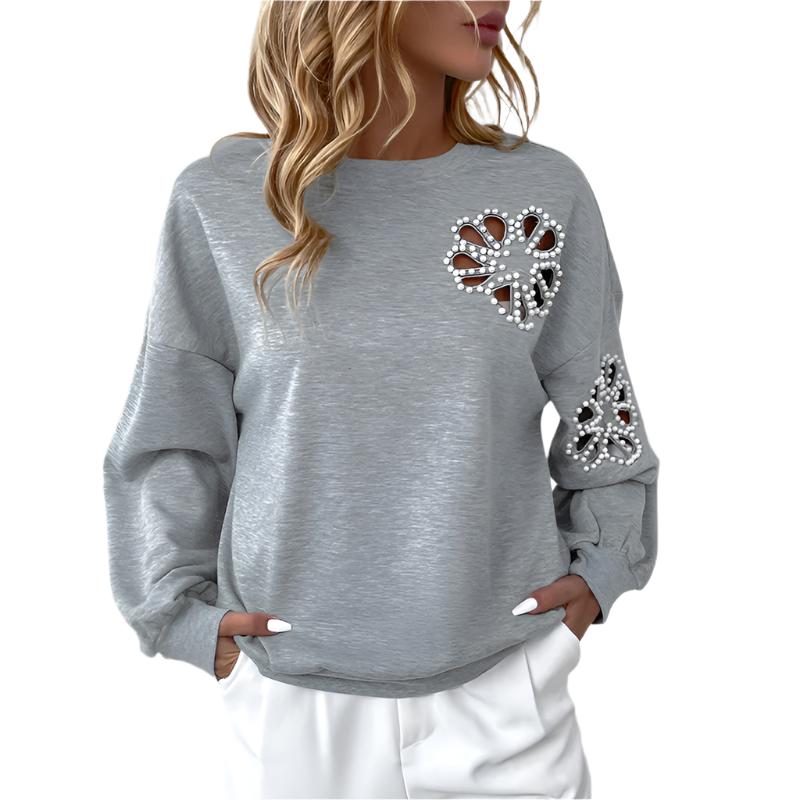 Beaded Tops Women's Round Neck Loose Casual Hollow Pullover Sweatshirt - K - 1 COLOR -