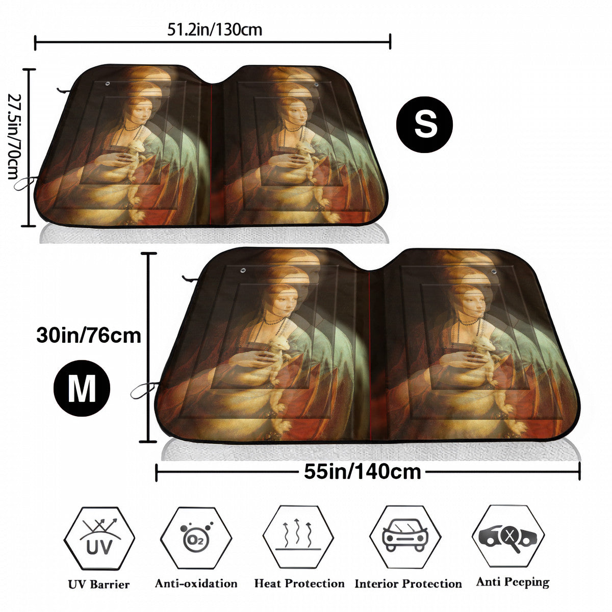 OOTO - LEONARDO DAVINCI Lady with an Ermine / CIRCA 1490 - HC_T36 Car Windshield Sunshade (multi-size) - 2 SIZES - 1 COLOR -