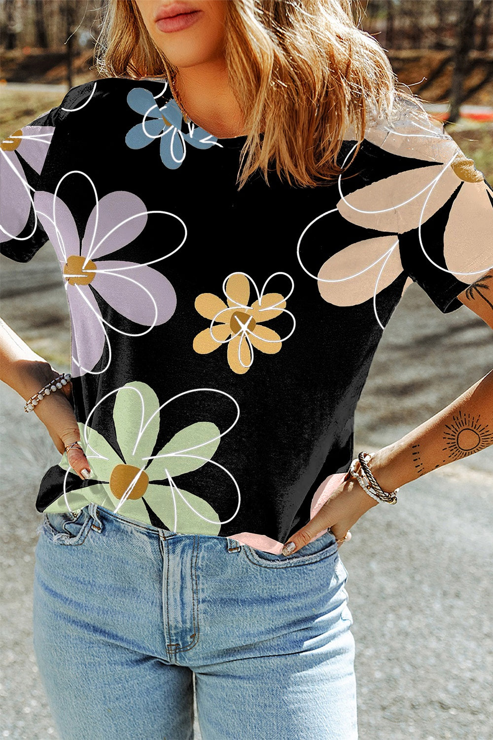 Flower Round Neck Short Sleeve T-Shirt - T - 1 COLOR -