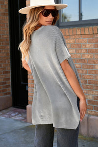 Thumbnail for Slit Round Neck Short Sleeve Knit Top - T - 1 COLOR -