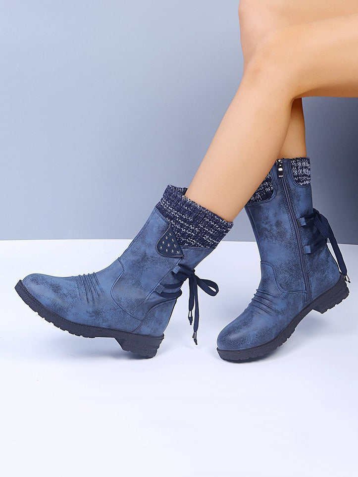 Lace-Up Low Heel Boots with Side Zip - T - 5 COLORS -