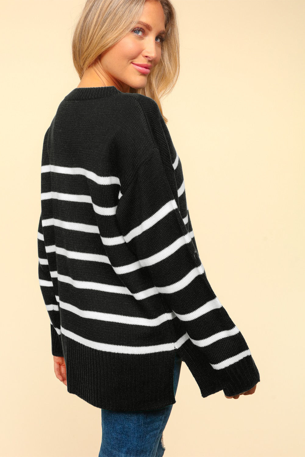 Haptics Full Size Striped Contrast Side Slit Sweater - T - 1 COLOR -