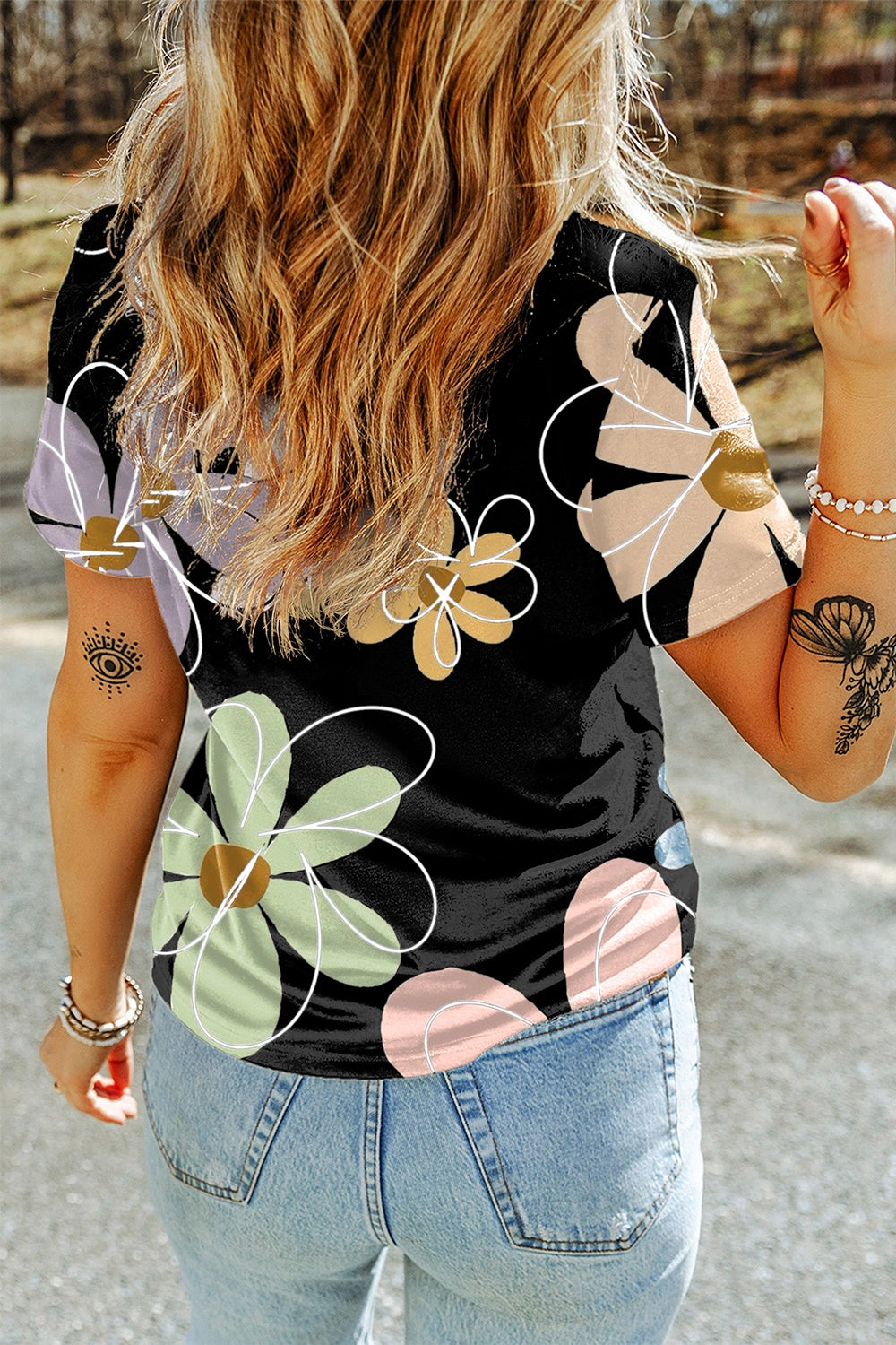 Flower Round Neck Short Sleeve T-Shirt - T - 1 COLOR -