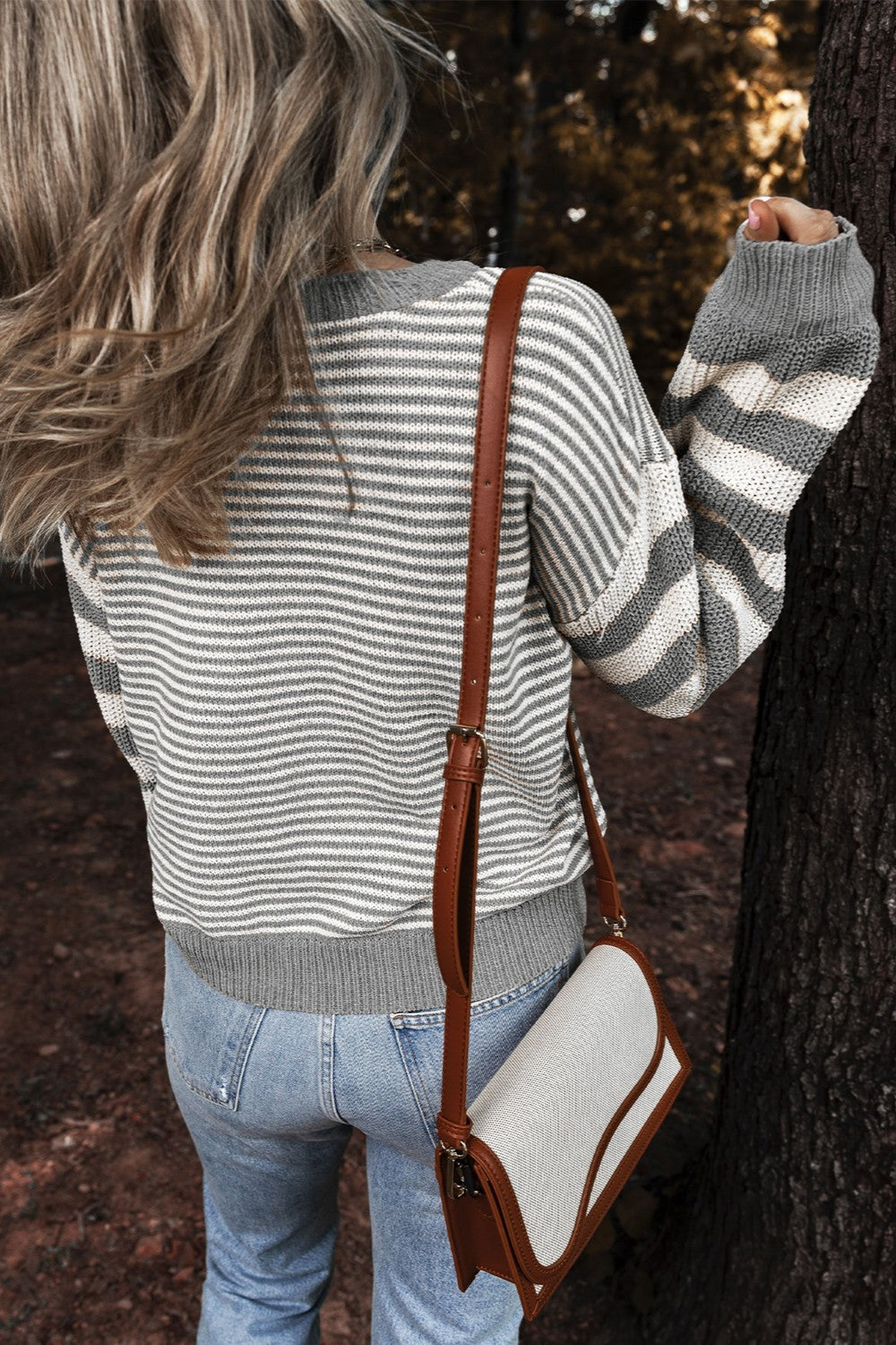 Striped Round Neck Long Sleeve Sweater - T - 1 COLOR -