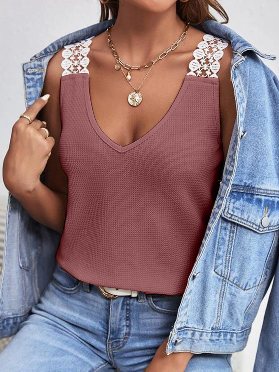 Full Size Lace Detail V-Neck Tank - T - 5 COLORS -