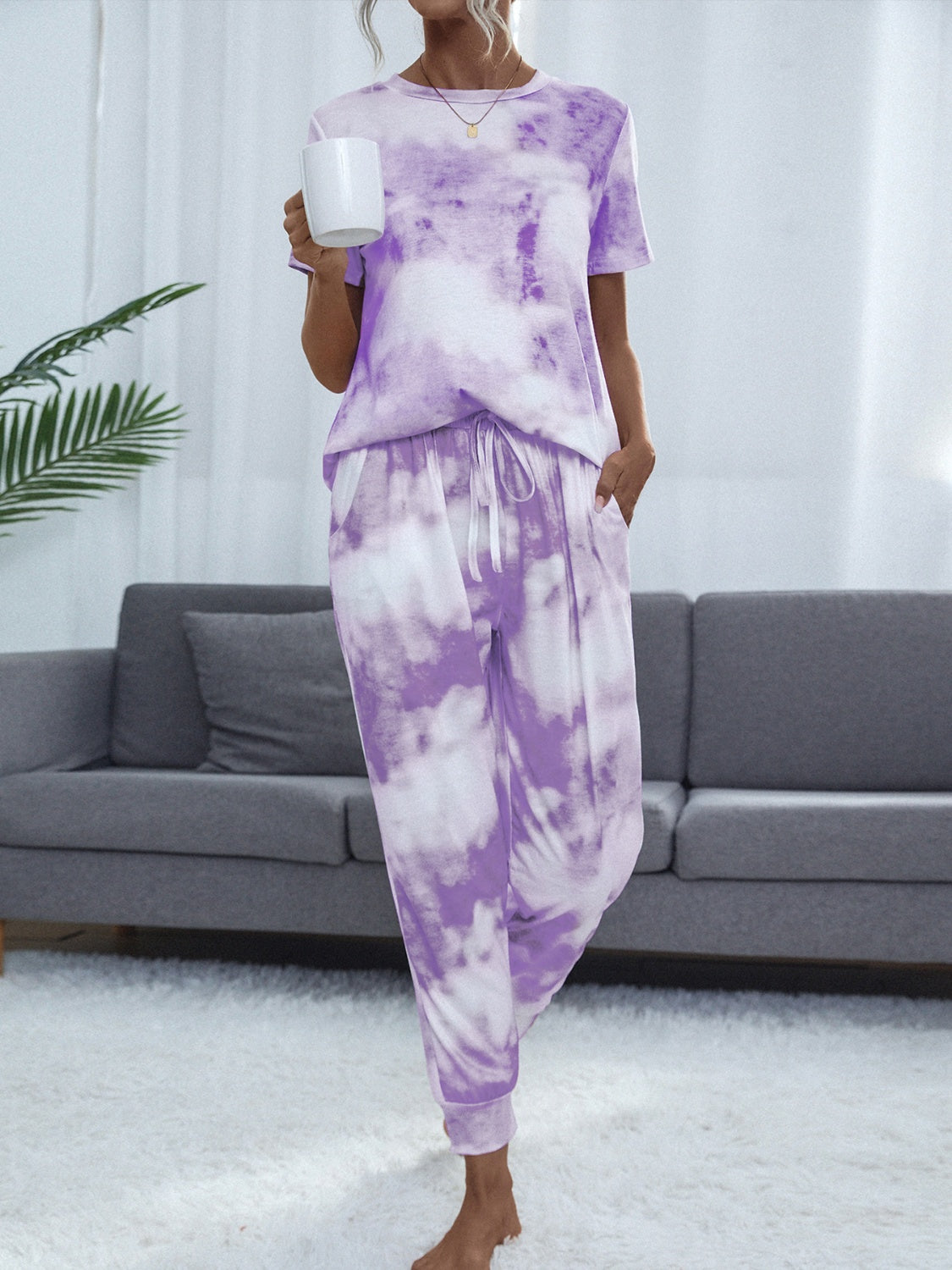 Tie-Dye Round Neck Top and Pants Lounge set - 2 PCS - T - 2 COLORS -