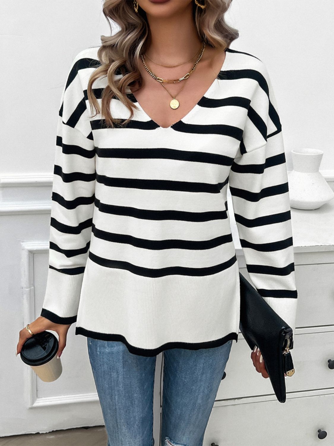 Striped V-Neck Long Sleeve Knit Top - T - 4 COLORS -