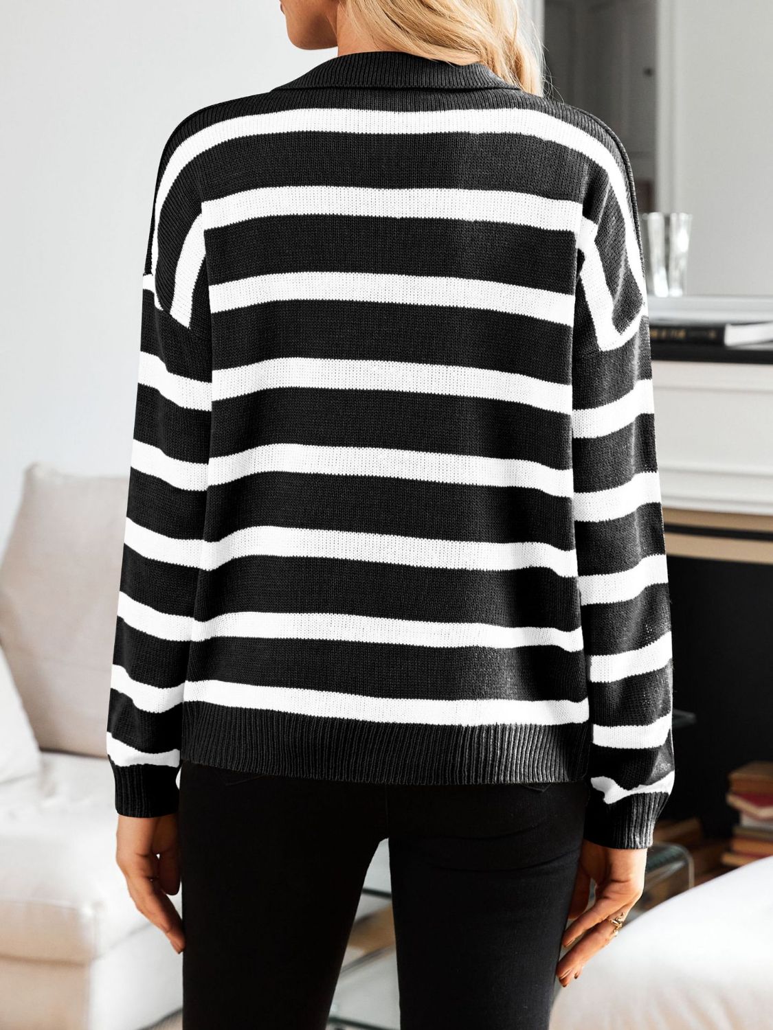 Striped Johnny Collar Long Sleeve Sweater - T - 3 COLORS -