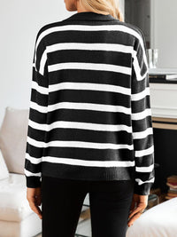 Thumbnail for Striped Johnny Collar Long Sleeve Sweater - T - 3 COLORS -