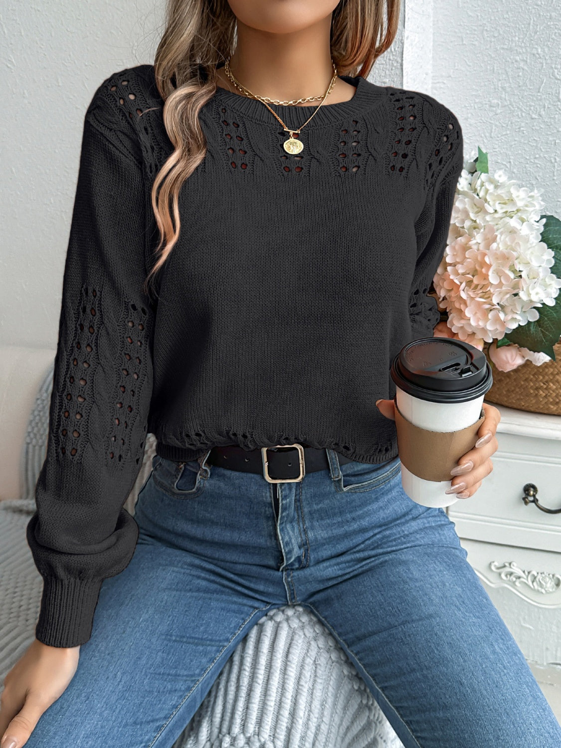 Openwork Round Neck Long Sleeve Sweater - T - 3 COLORS -