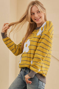 Thumbnail for Flower Stripe Round Neck Long Sleeve Sweater - T - 1 COLOR -