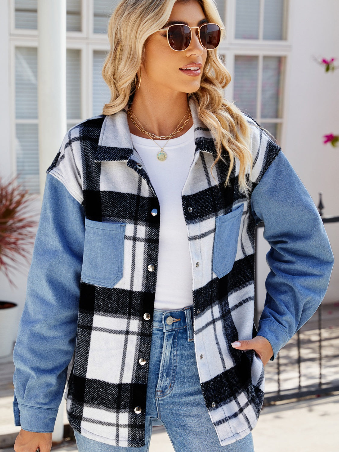 Pocketed Plaid Snap Down Denim Jacket - T - 1 COLOR -