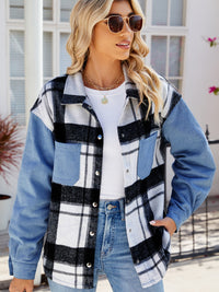 Thumbnail for Pocketed Plaid Snap Down Denim Jacket - T - 1 COLOR -