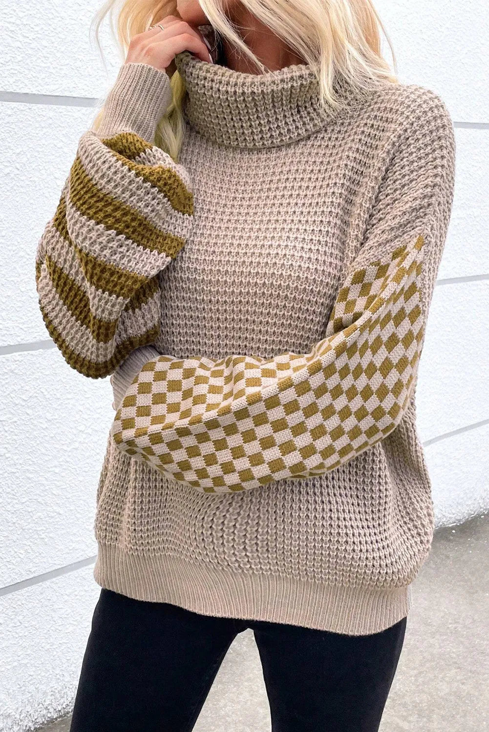 Checkered Striped Turtleneck Long Sleeve Sweater - T - 2 COLORS -