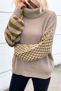 Thumbnail for Checkered Striped Turtleneck Long Sleeve Sweater - T - 2 COLORS -