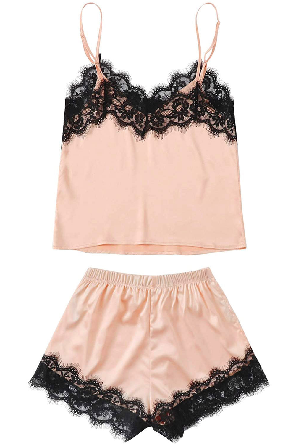 Lace Detail Spaghetti Strap Top and Shorts Lounge Set - T - 3 COLORS -