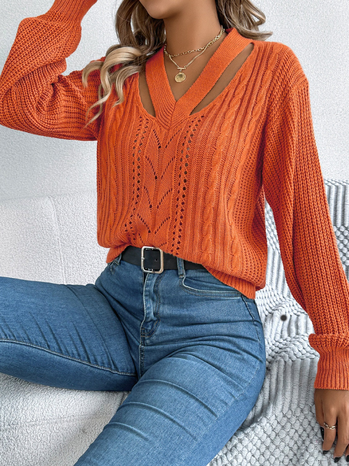 Cutout V-Neck Long Sleeve Sweater - T - 3 COLORS -