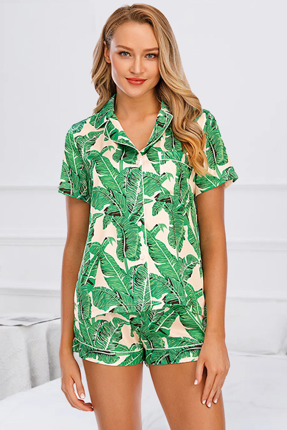 Printed Button Up Short Sleeve Top and Shorts Lounge Set - 2 PCS. - T - 10 COLORS -