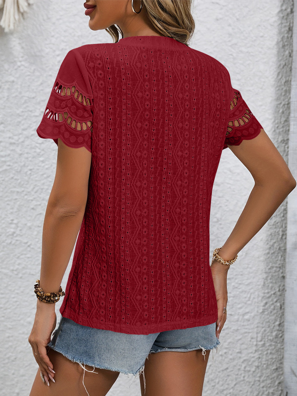 Full Size Eyelet Round Neck Short Sleeve Top - T - 11 COLORS -