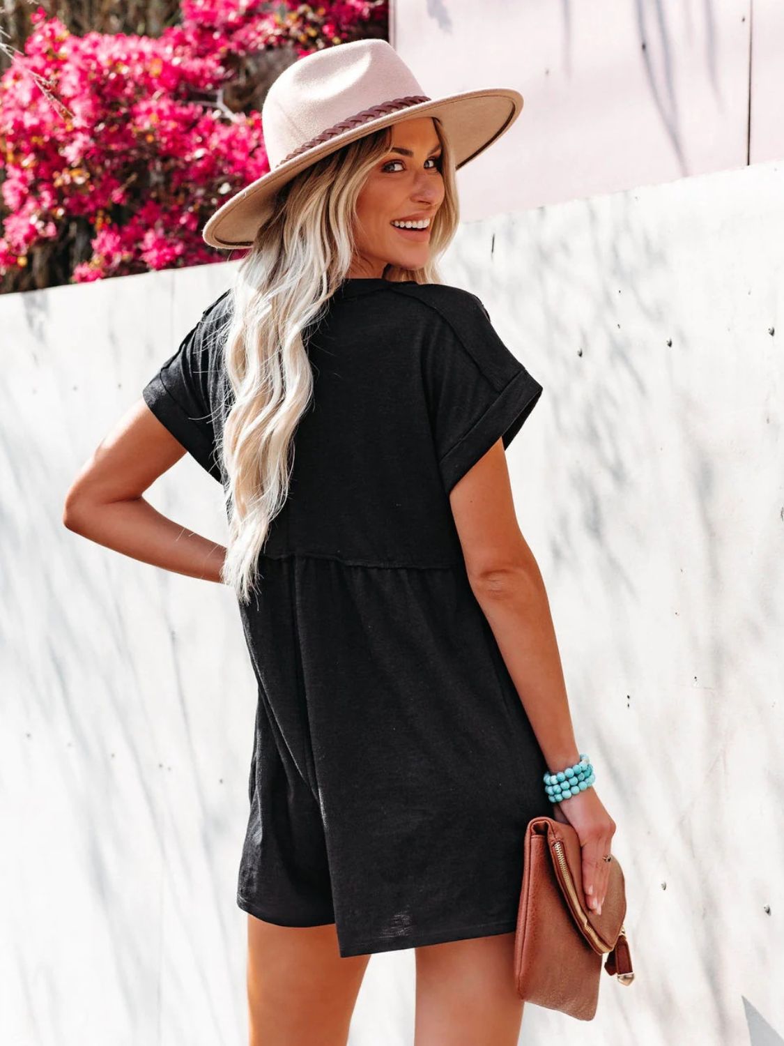 Exposed Seam V-Neck Short Sleeve Romper - T - 2 COLORS -