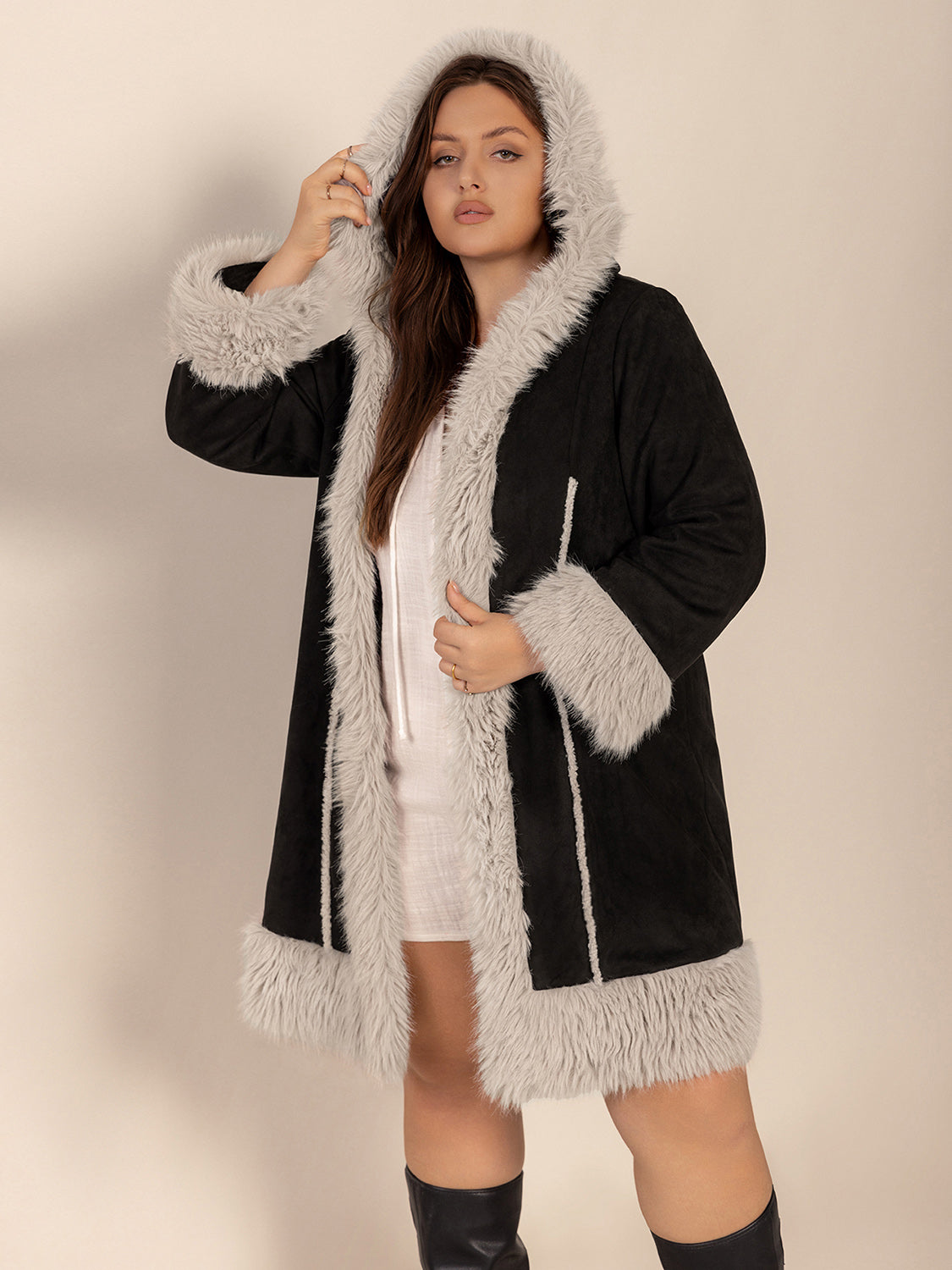 Plus Size Fuzzy Trim Open Front Long Sleeve Hooded Coat - 1XL THRU 4XL ONLY - T - 1 COLOR