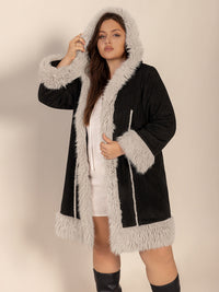 Thumbnail for Plus Size Fuzzy Trim Open Front Long Sleeve Hooded Coat - 1XL THRU 4XL ONLY - T - 1 COLOR