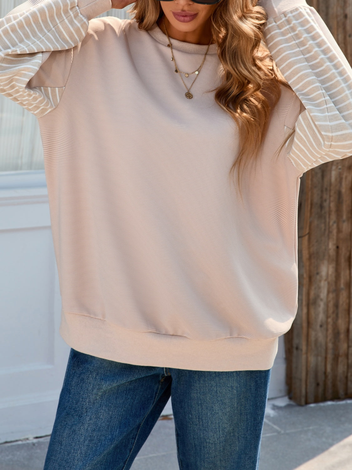 Striped Patchwork Long Sleeve Sweatshirt - T - 1 COLOR -