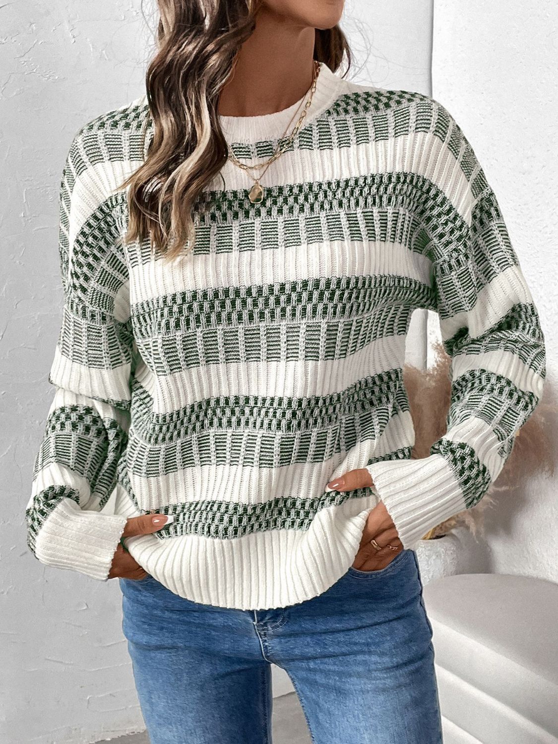 Perfee Contrast Round Neck Long Sleeve Sweater - T - 1 COLOR -