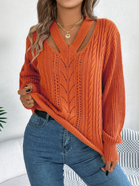 Thumbnail for Cutout V-Neck Long Sleeve Sweater - T - 3 COLORS -