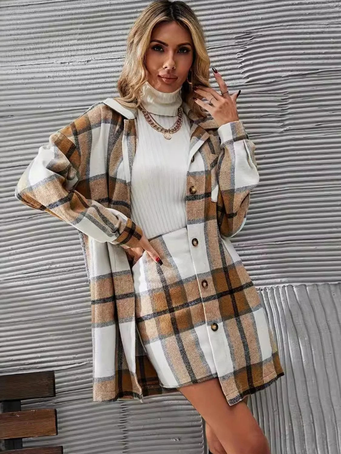 Plaid Button Up Long Sleeve Coat and Skirt Set - 2 PCS. - T - 1 COLOR -