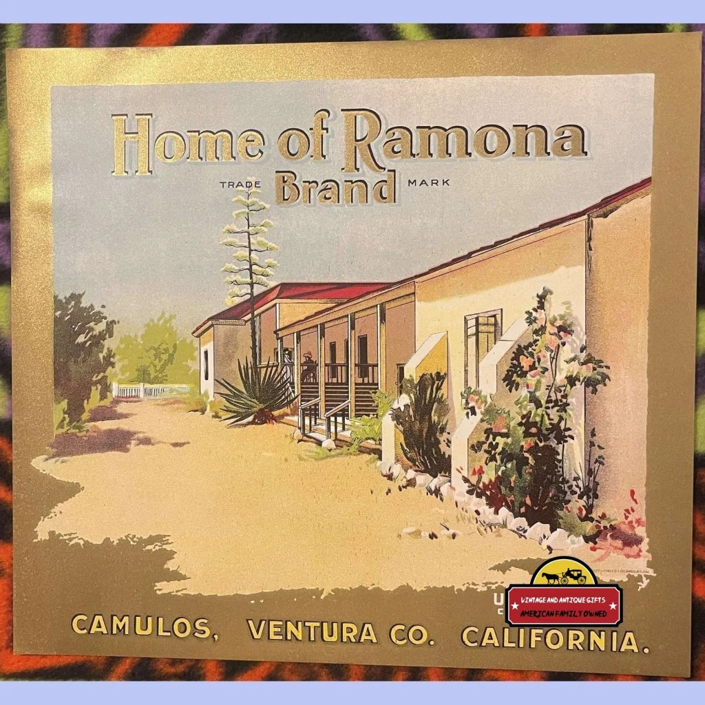 1900s - 1924 Antique Home of Ramona Crate Label, Helen Hunt Jackson, Rancho Camulos, Ventura County, CA