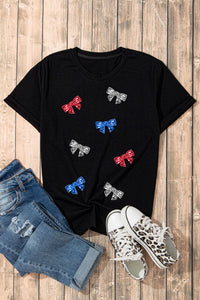 Thumbnail for Red, White & Blue Bow Round Neck Short Sleeve T-Shirt - T - 1 COLOR -