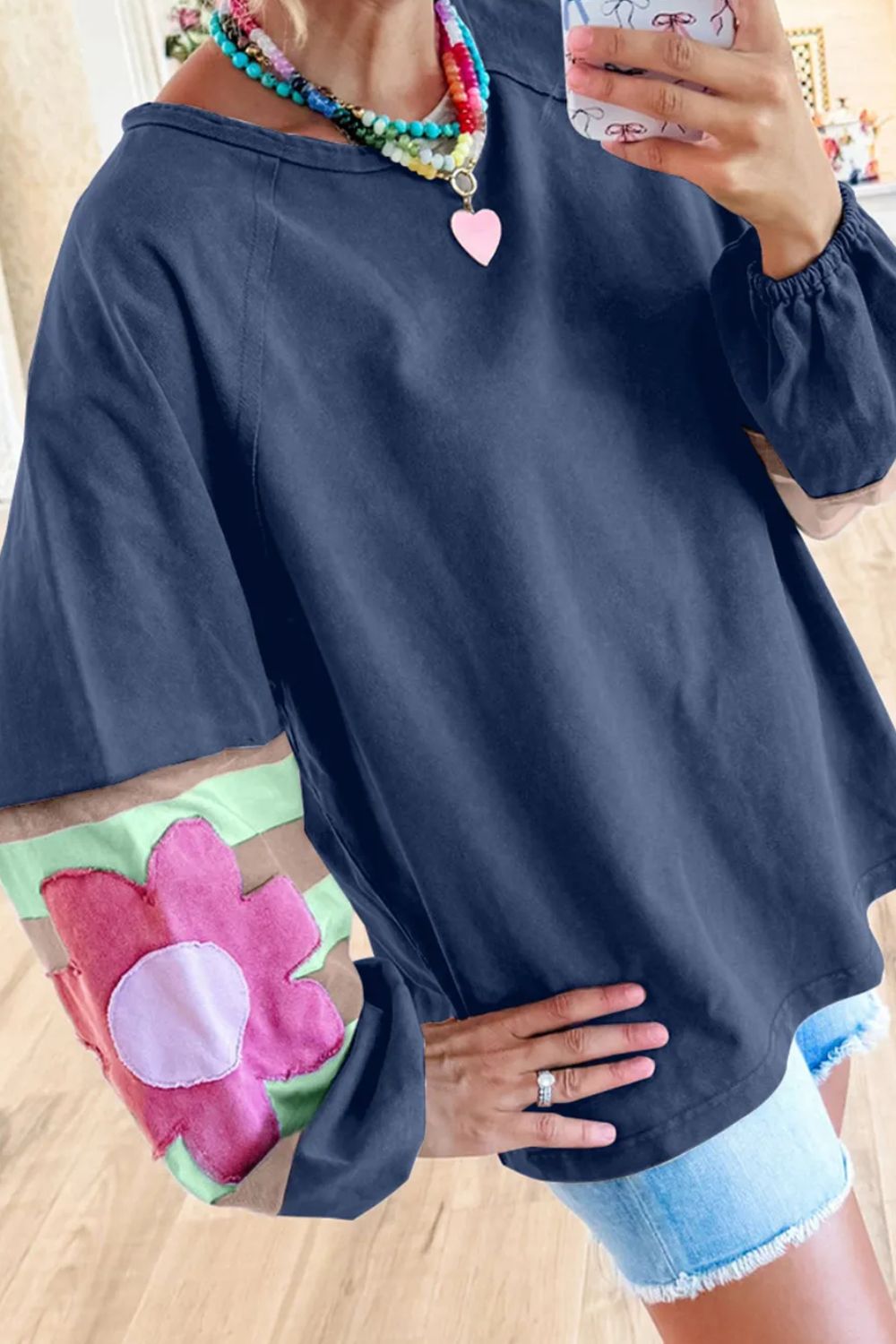 Flower Patch Round Neck Balloon Sleeve Top - T - 3 COLORS -