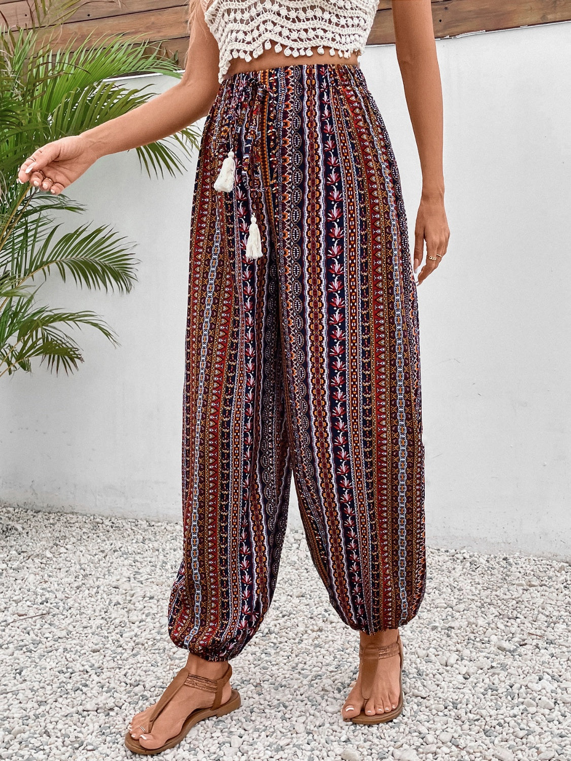 Tassel Printed High Waist Pants - T - 1 COLOR -