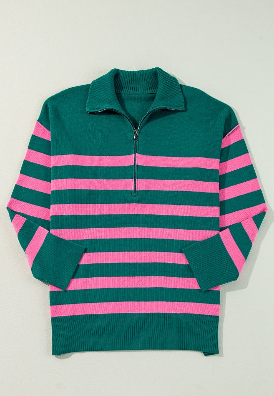 Contrast Striped Quarter Zip Long Sleeve Sweater - T - 1 COLOR -