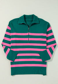 Thumbnail for Contrast Striped Quarter Zip Long Sleeve Sweater - T - 1 COLOR -