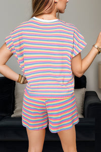 Thumbnail for Striped Round Neck Top and Shorts Set - 2 PCS. - T - 1 COLOR -