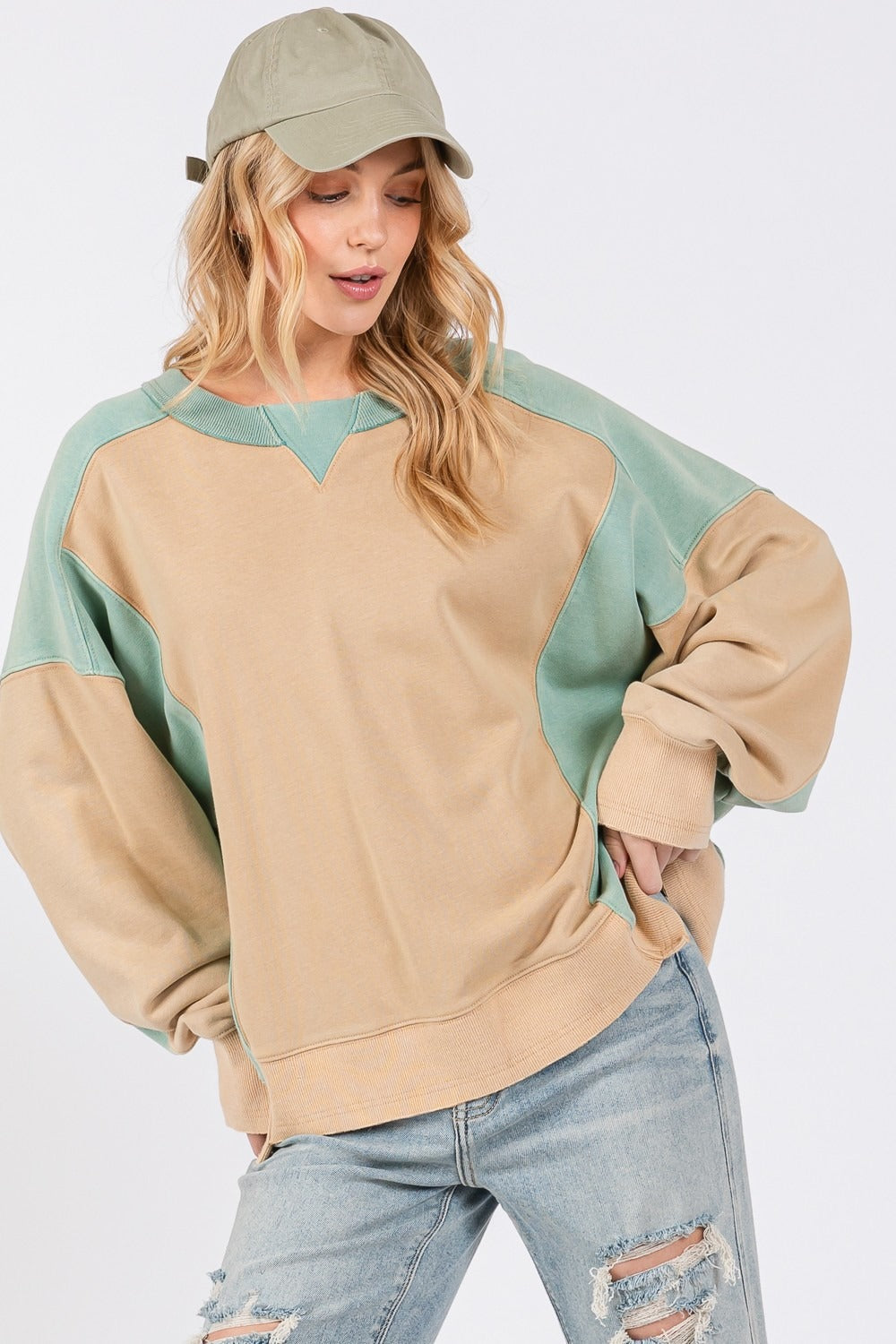 SAGE + FIG Color Block Round Neck Sweatshirt - T - 1 COLOR -