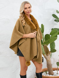 Thumbnail for Fuzzy Trim Open Front Poncho - ONE SIZE - T - 6 COLORS -