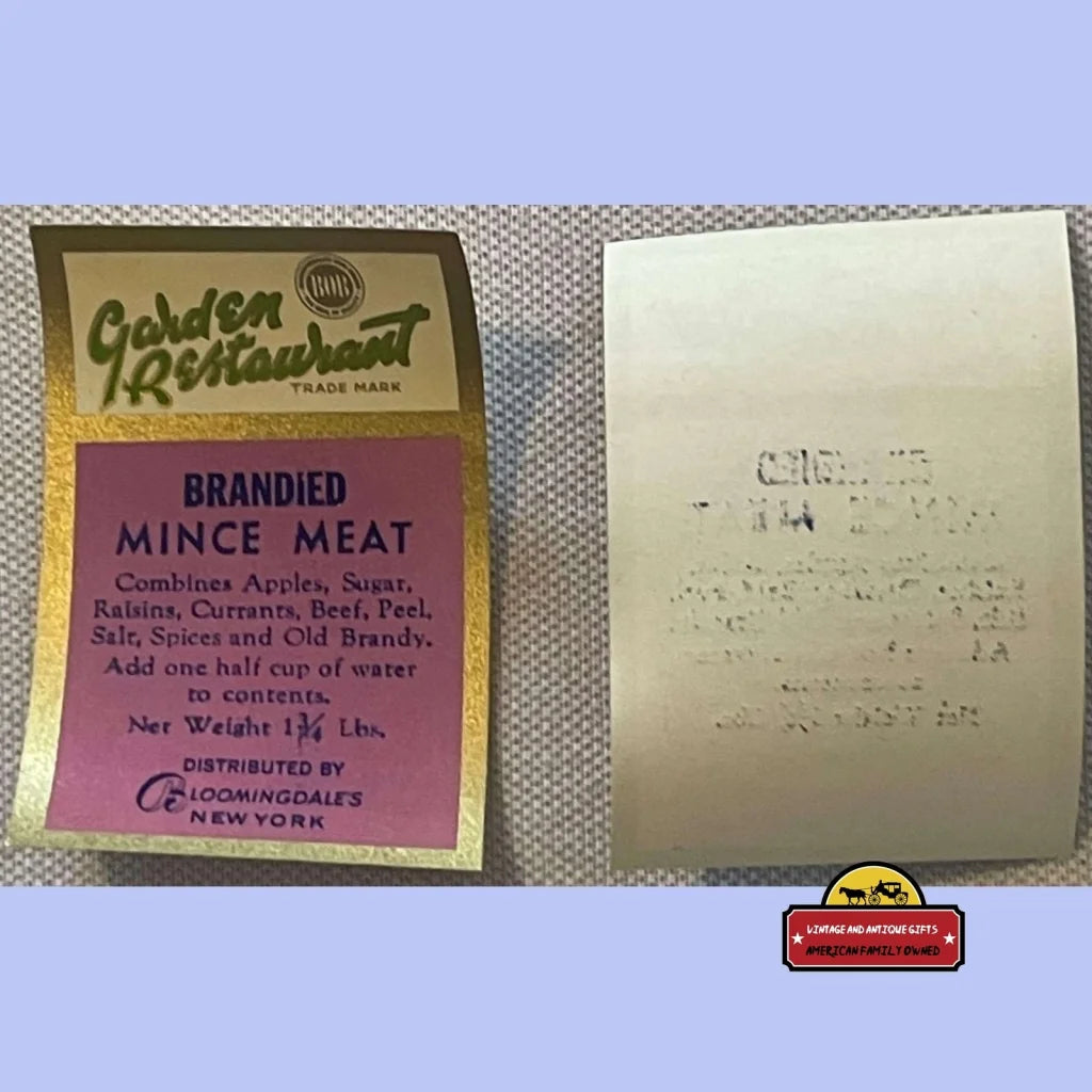 Rare Antique Vintage 1910s-1930s Golden Restaurant Mince Meat Label, Bloomingdales, NY