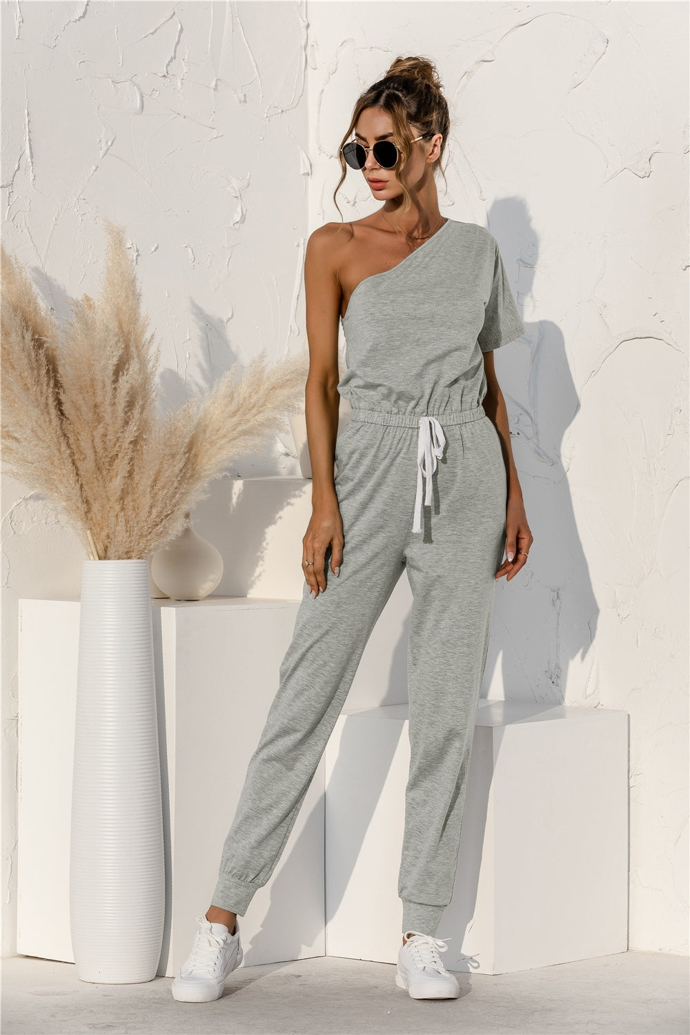 Single Shoulder Short Sleeve Jumpsuit - T - 1 COLOR -