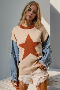 Thumbnail for Double Take Star Pattern Raw Edge Long Sleeve Sweater - T - 10 COLORS -