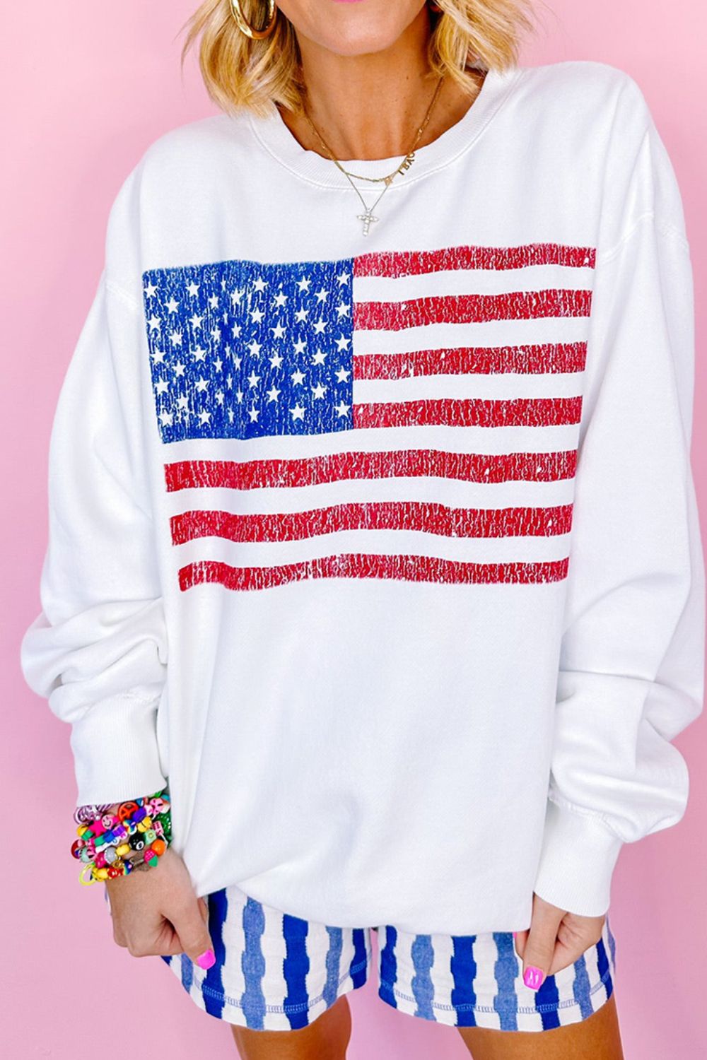 US Flag Round Neck Long Sleeve Sweatshirt - T - 1 COLOR -