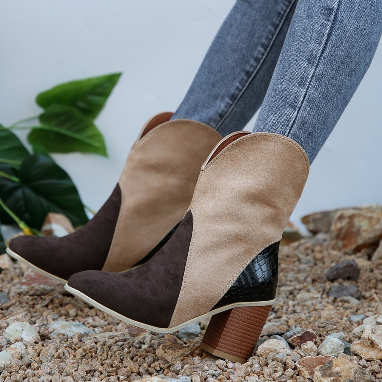 Suede Square Toe Block Heel Boots - T - 4 COLORS -