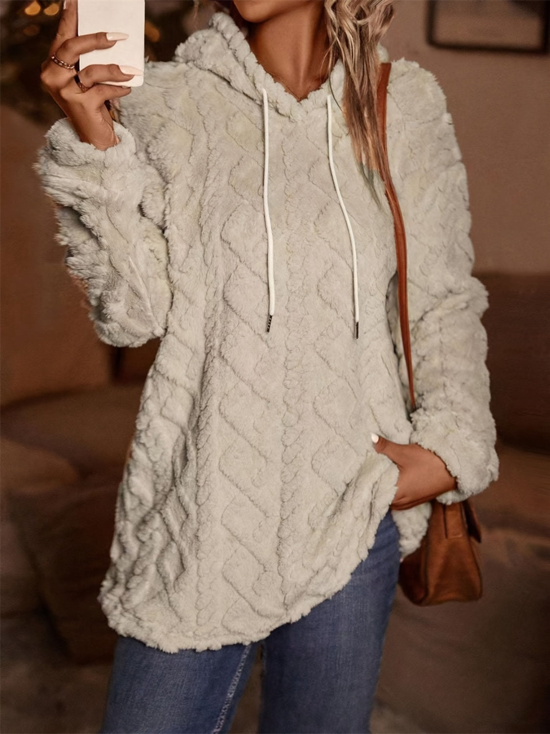 Drawstring Long Sleeve Plush Sweater Hoodie - T - 1 COLOR -