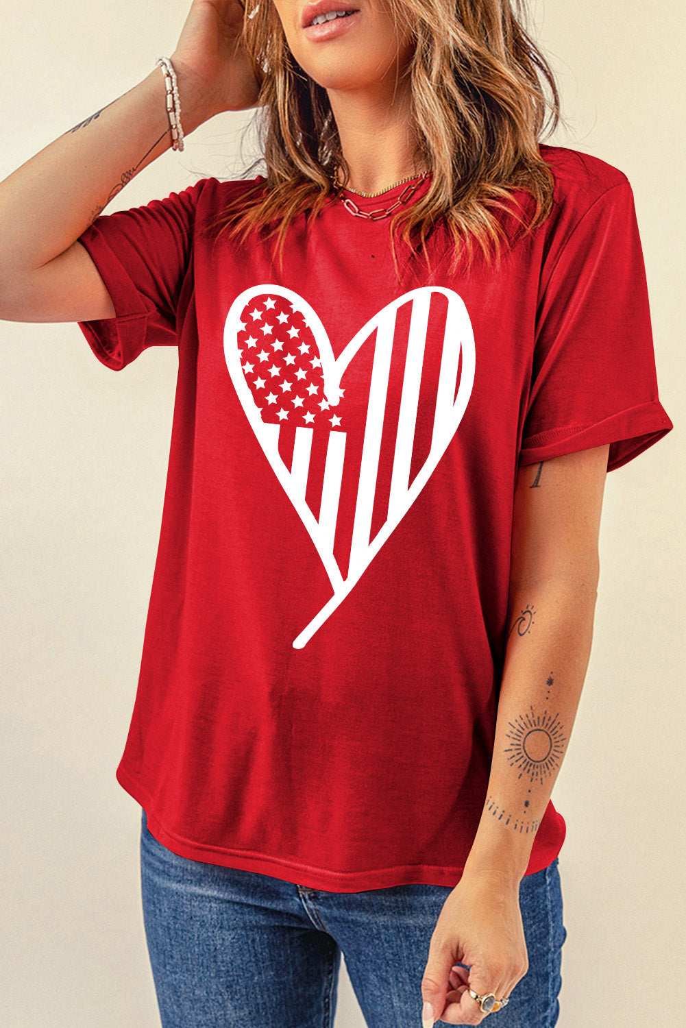 Heart Round Neck Short Sleeve T-Shirt - T - 1 COLOR -