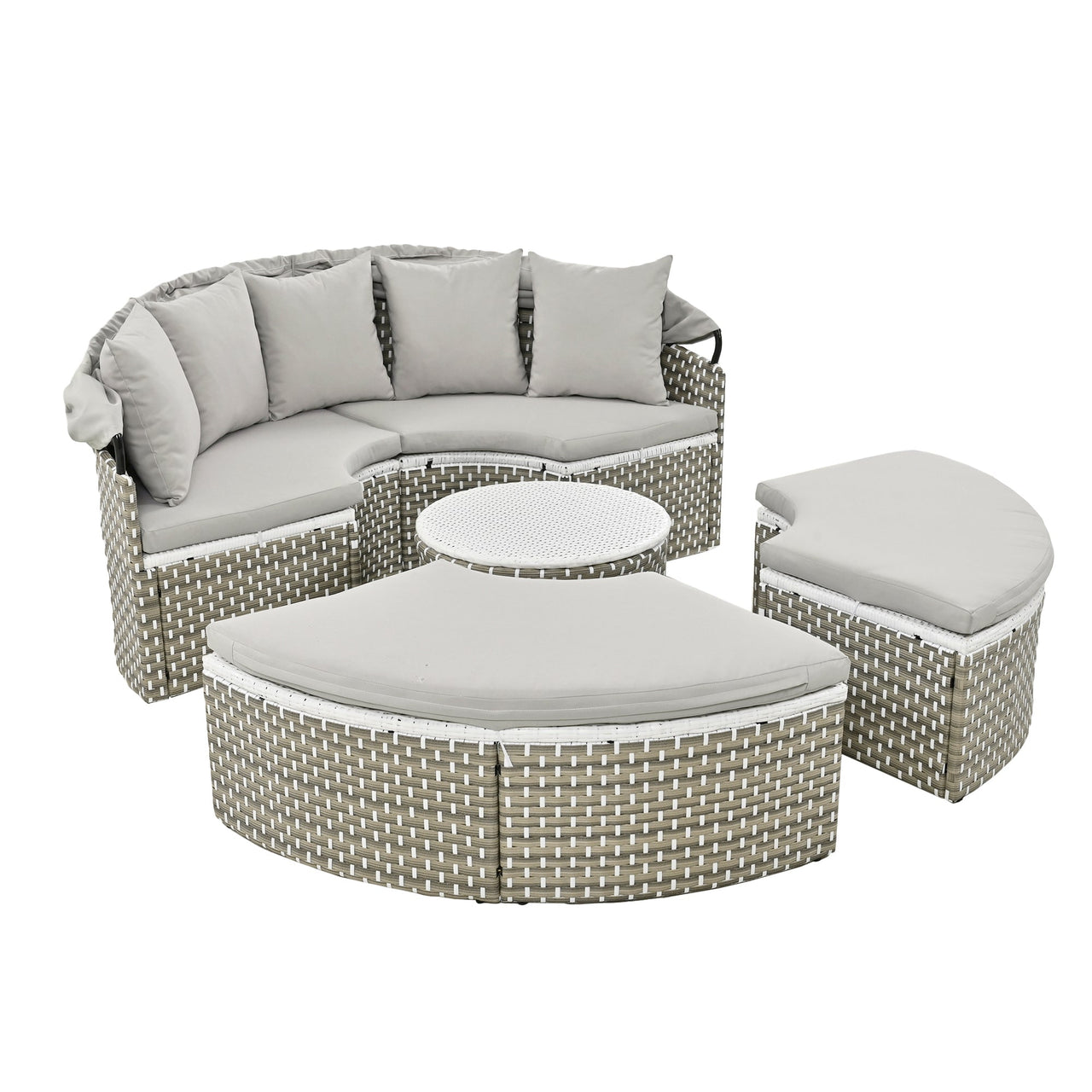 Patio Furniture Round Outdoor Sectional Sofa Set Rattan Daybed Two-Tone Weave Sunbed With Retractable Canopy, Separate S